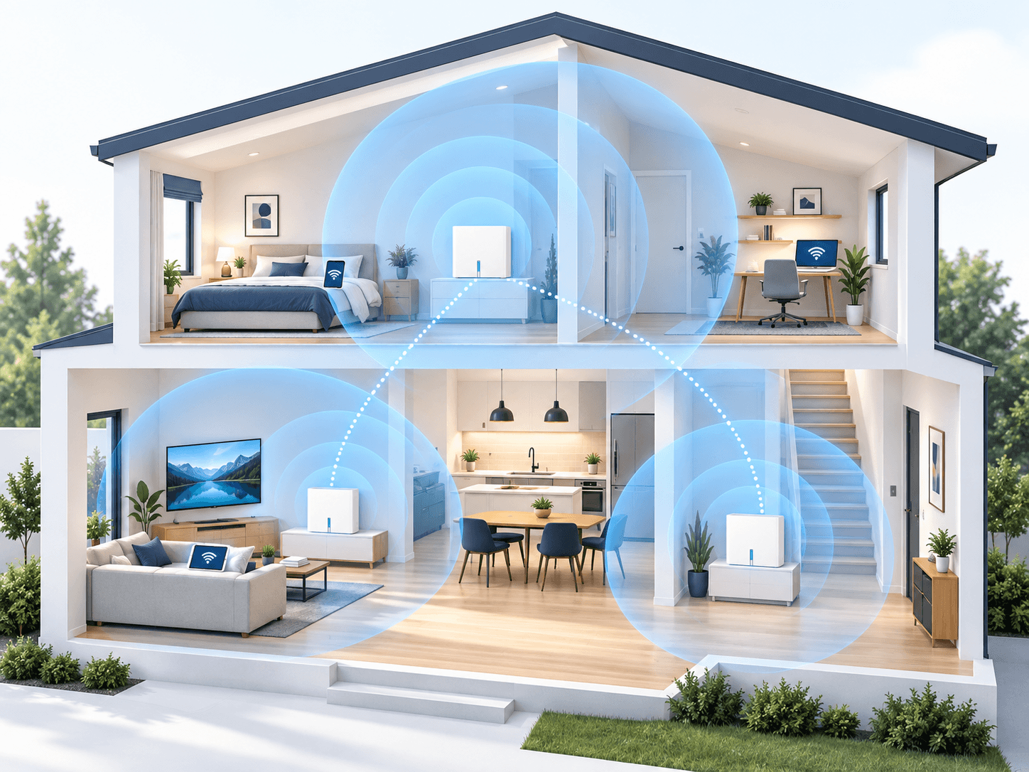 Cobertura Wi-Fi Power Mesh en una vivienda de dos plantas